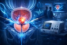 Görselde, prostat bezinin üç boyutlu tıbbi illüstrasyonu yer alıyor. Prostatın merkezinde parlak bir odak vurgulanmış; etrafında elektriksel darbeleri simgeleyen mavi enerji çizgileri görülüyor. Yan tarafta ise elektrotlara bağlı, ekrandan sinyaller gösteren modern bir tıbbi cihaz ve arka planda klinik ortamda çalışan sağlık personeli siluetleri bulunuyor.