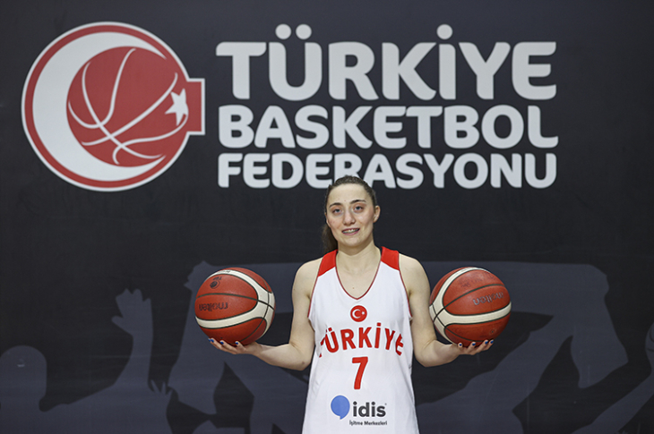 Türkiye Basketbol Federasyonu afişi önünde basketbolcu Kübra Demir elinde iki top tutuyor.