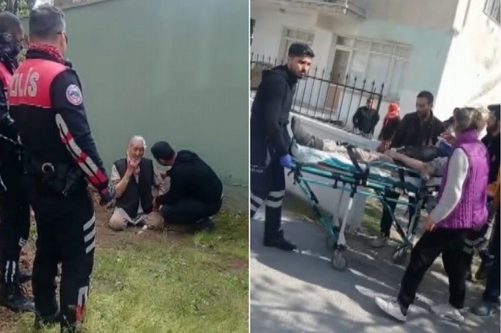 Yerden kalkamayan yaşlı kadına polis ekibinin yardımcı olduğu ve eşinin sedye ile ambulansa taşındığı ana dair görüntüler farklı karelerle objektife yansıyor.
