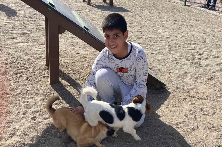 Hayvan Bakım Evindeki 2 köpeği seven bir çocuk objektife yansıyor.