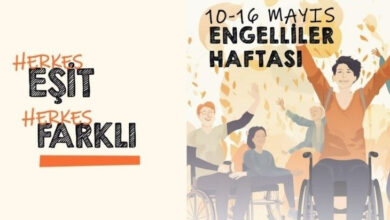 Görsel üzerinde sol tarafında "HERKES EŞİT, HERKES HAKLI" ve sağ tarafta tekerlekli sandalye kullanıcısı bireylerin olduğu resmin üzerinde "10-16 Mayıs Engelliler Haftası" yazısı var.