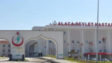 Görselde hastane binası üzerinde "Alaca Devlet Hastanesi" yazıyor ve hastane girişi Osmanlı dönemi mimarisini anımsatacak şekilde taş bloğun içi cami minaresi şeklinde tasarlanmış.