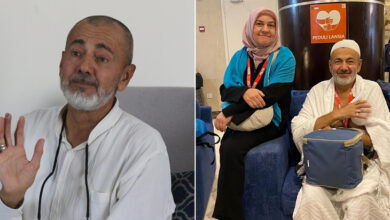 Görselde, iki fotoğraf yan yana getirilmiş. Soldaki fotoğrafta bir koltuk üzerinde Mümin İşbitiren oturuyor. Sağ taraftaki fotoğrafta Mümin İşbitiren ve eşi kalabalık bir yerde koltuk üzerinde oturuyorlar.