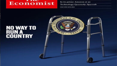 The Economist dergisinin kapağının ortasında sağ tarafta ABD başkanlık forsunu tekerlekli bir yürüteç üzerine takarak, sol tarafa "No way to runa country" yazmışlar.