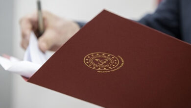 Fotoğrafta, kahverengi tonuna yakın bir dosya ve dosyanın üzerinde tutan bir çift el var.