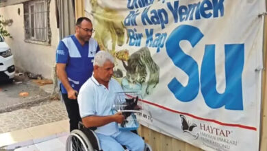 Tekerlekli sandalye kullanıcısı bedensel engelli Muttalip Altun, kucağında taşıdığı kafesin içerisinde yavru bir kedi var. Tekerlekli sandalyenin arkasında ise bir görevli engelli bireyin hareket etmesine destek oluyor.