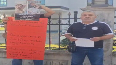 Fotoğrafta, iki kişi var. Sağ tarafta Metin Aksoy basına açıklama yapıyor. Sol taraftaki kişinin yüzü gözükmüyor ve boyu kadar uzun bir pankart ile fotoğraf taşıyor.