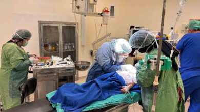 Fotoğrafta, yeşil renkli ve açık mavi örtü takan doktorlar ameliyathane masasındaki çocuğun dişini ameliyat ediyorlar. Yeşil örtü ve mavi bir üniforma giyen iki kişi de ameliyathanede ve masadan uzak köşelerde makineleri, aletleri sayıyorlar.