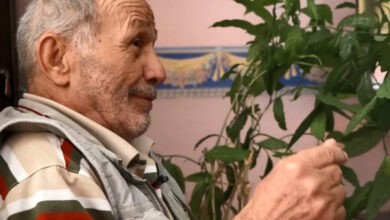 Fotoğrafta, yaşlı bir birey koltukta oturuyor ve elini yukarı doğru biraz kaldırarak bir şey istiyor.