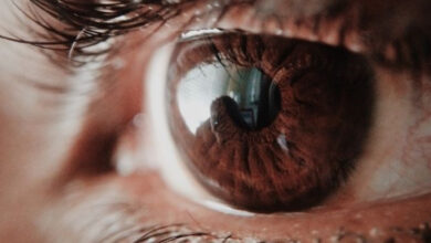 Fotoğrafta, çok yakın bir mesafeden bir kişinin gözünün çekiminin yapıldığı görülmektedir. Kahverengi göze sahip bu kişinin göz bebeğinden şey yansımadan fotoğrafı çeken kişinin eli ve çekilen telefon görülebilmektedir.