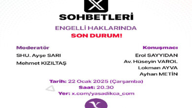 Görselde, “X Sohbetleri” başlığı altında “Engelli Haklarında Son Durum!” temalı bir etkinlik afişi yer almakta. Afiş tasarımı sade ve profesyonel görünüyor. Şu detaylar öne çıkıyor: • Başlık: “X Sohbetleri” ve “Engelli Haklarında Son Durum!” yazıları büyük ve dikkat çekici şekilde yazılmış. • Moderatörler: SHU. Ayşe Sarı ve Mehmet Kızıltaş. • Konuşmacılar: Erol Sayıdan, Av. Hüseyin Varol, Lokman Ayva ve Ayhan Metin. • Tarih: 22 Ocak 2025 (Çarşamba). • Saat: 20.30. • Yer: “x.com/yasadikca_com” adresi. • Logo: Altta “Yaşadıkça” isimli bir logoya yer verilmiş. Logoda mor tonlar hakim. Arka plan tasarımında açık tonlarda ve noktalı bir desen dikkat çekiyor. Genel olarak bilgilendirici ve temiz bir tasarıma sahip.
