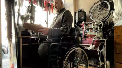 Görselde, tekerlekli sandalyede oturan bir adam bir ayakkabıyı inceleyerek tamir yapıyor. Küçük bir atölyede çalıştığı görülüyor; çevresinde dikiş makinesi, tamir aletleri ve duvarda asılı çeşitli ayakkabılar var. Pencere kenarında oturan adam, işine odaklanmış bir şekilde çalışıyor. Atölyedeki eski eşyalar ve dar alan, zanaatkârın uzun yıllardır bu işi sürdürdüğünü düşündürüyor.