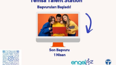 Görselde, Temsa Talent Station programının başvurularının başladığını duyuran bir afiş yer alıyor. Üst kısımda büyük harflerle programın adı yazıyor. Ortada bir bilgisayar ekranı içinde, kırmızı bir dizüstü bilgisayara bakan üç genç (biri mavi, biri sarı, biri turuncu giymiş) görülüyor. Altında "Son Başvuru: 1 Nisan" ifadesi bulunuyor. Sol alt köşede bir Instagram QR kodu ve "@TEMSAKARIYER" hesabı yer alıyor. Sağ alt köşede Engelsiz Kariyer ve Temsa logoları bulunuyor.