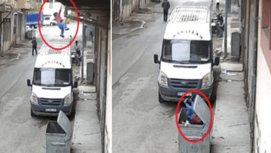 İki kolaj da çocuğun çöp konteynerine düşme anının görüntüleri bulunuyor.