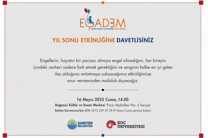 Engelli Çocuk ve Ailelerine Destek Merkezi (EÇADEM), yıl sonu etkinliği ile ilgili afiş görselde yer almaktadır.