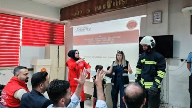 Görselde, Gaziantep Büyükşehir Belediyesi tarafından düzenlenen bir yangın söndürme eğitimi görülüyor. Eğitim, işitme engellilere yönelik gerçekleştirilmiş. Arka planda projeksiyonla yansıtılan slaytta “GAZİANTEP BÜYÜKŞEHİR BELEDİYESİ İTFAİYE DAİRE BAŞKANLIĞI” ifadesi yer alıyor. Eğitimcilerden biri yangın kıyafetleri giymiş bir itfaiyeci, diğerleri ise işaret diliyle katılımcılara bilgi veriyor. Katılımcılar ellerini kaldırarak aktif biçimde eğitime dahil oluyor.