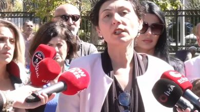 Görselde, bir kadın mikrofonlar önünde basın açıklaması yapıyor. Etrafında toplanmış insanlar bulunuyor. Mikrofonlarda çeşitli haber ajanslarının logoları (İHA, Show Haber, Ulusal Kanal) görülüyor. Açıklama, açık havada ve kalabalık bir grup önünde gerçekleştiriliyor.