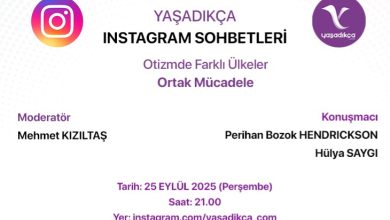 Görselde, Yaşadıkça Instagram Sohbetleri duyurusu yer alıyor. Konu: Otizmde Farklı Ülkeler, Ortak Mücadele Tarih: 25 Eylül 2025, 21.00 Moderatör: Mehmet Kızıltas Konuşmacılar: Perihan Bozok Hendrickson, Hülya Saygı.