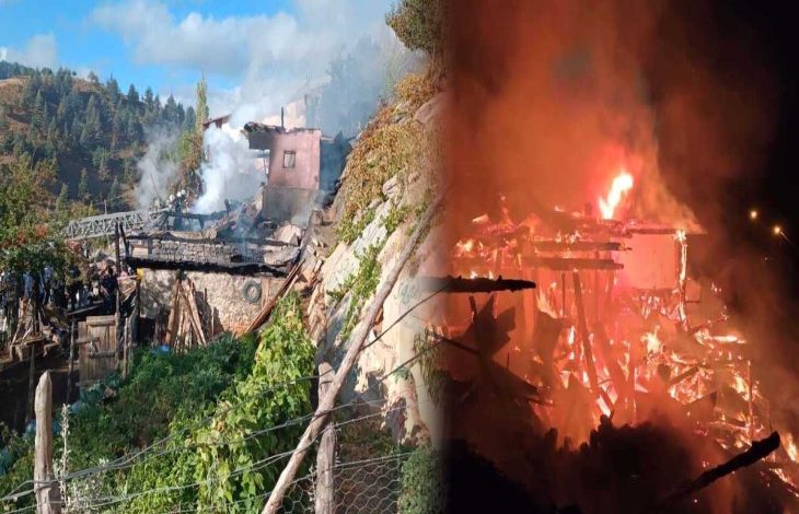 Görselde, Adana’nın Saimbeyli ilçesinde çıkan yangında tamamen yanan iki katlı bir evin önce ve sonra hali görülüyor. Sağ tarafta gece alevlerin sardığı an, sol tarafta ise sabah söndürme sonrası yıkıntılar yer alıyor.