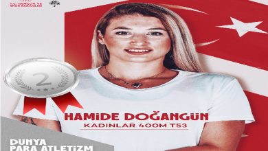 Görselde, Türk bayrağı fonu önünde beyaz tişörtlü bir kadın sporcu yer almakta. Üzerinde "HAMİDE DOĞANGÜN - Kadınlar 400m T53" yazısı dikkat çekiyor. Sol üst köşede Gençlik ve Spor Bakanlığı ile Türkiye Millî Paralimpik Komitesi logoları yer almakta. Sol alt köşede ise “Dünya Para Atletizm Şampiyonası” ifadesi bulunuyor. Görselin sol tarafında büyük bir gümüş madalya ikonu ile "2" numarası yer alıyor. Bu, sporcunun dünya şampiyonasında ikinci olarak gümüş madalya kazandığını ifade ediyor. Hamide Doğangün, gururlu ve kendinden emin bir duruş sergiliyor.
