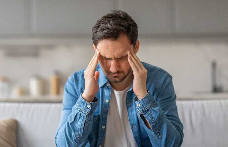 Bir koltukta oturan bir erkek, başının iki yanında şakaklarını tutmuş hâlde, yüzünü buruşturuyor. Sanki yoğun bir baş ağrısı yaşıyor ya da zihnini toparlamaya çalışıyor. Gündelik bir ev ortamında, loş ve sakin bir arka plan var. Atmosfer gergin ve rahatsızlık hissi veriyor.