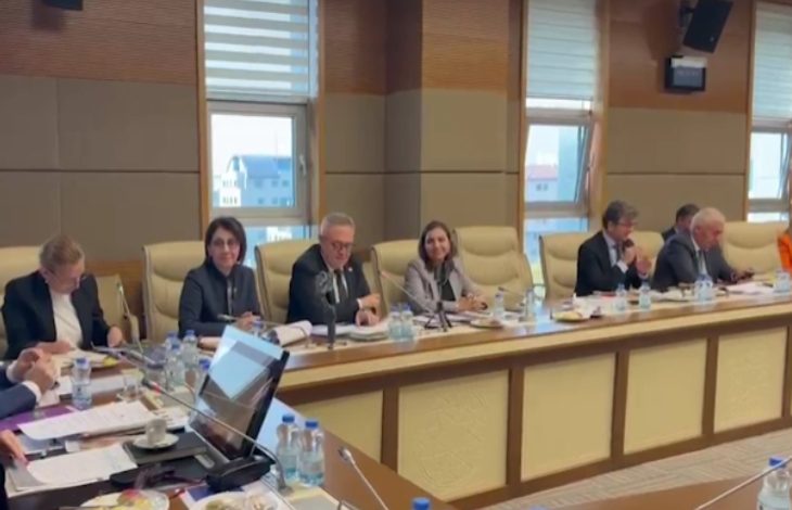 Bir toplantı salonunda uzun bir masanın etrafında oturan kişiler görülüyor. Önlerinde belgeler, dosyalar, mikrofonlar ve su şişeleri var. Katılımcılar not alıyor, konuşuyor ya da gündemi takip ediyor. Büyük pencerelerden gün ışığı geliyor. Ortam resmi, düzenli ve komisyon toplantısı havasında.