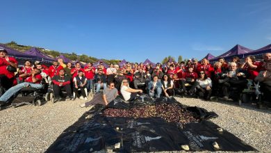 Açık havada düzenlenen etkinlikte, engelli bireyler ve yakınları topluca poz veriyor. Önlerinde zeytinlerle dolu örtüler, arkalarında mor çadırlar ve masmavi bir gökyüzü görülüyor. Herkes neşeli ve dayanışma içinde.