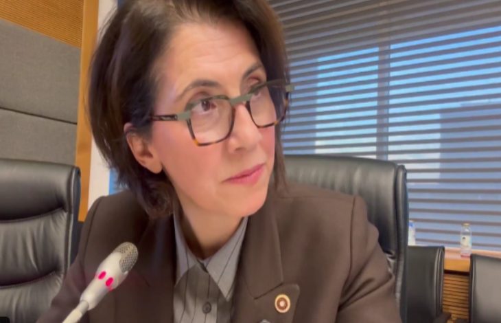 Dr. Aylin Yaman mikrofonun önünde oturuyor ve dikkatle bir yöne bakıyor. Arka planda ofis ortamı ve büyük pencereler görünüyor.