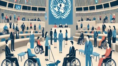 Birleşmiş Milletler Genel Kurul salonunu betimleyen illüstratif bir sahne görülüyor. Salonda farklı ülkelerden temsilciler yer alıyor; tekerlekli sandalye kullanan bireyler, rehber köpek ve yardımcı araçlar dikkat çekiyor. Ortam kapsayıcılık ve eşit temsili simgeleyen resmî, sembolik bir atmosfer sunuyor.