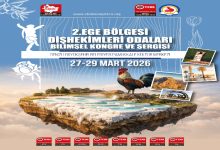 Mavi tonlarda tasarlanmış bir afişte, “2. Ege Bölgesi Dişhekimleri Odaları Bilimsel Kongre ve Sergisi” başlığı yer alıyor. Ortada Pamukkale travertenlerini temsil eden yüzen bir ada görseli, üzerinde horoz figürü bulunuyor. Sağ tarafta Denizli’yi simgeleyen küçük fotoğraflar kolaj halinde verilmiş. Alt bölümde kurum logoları, üstte ise kongrenin 27–29 Mart 2026 tarihlerinde Denizli’de yapılacağı bilgisi yer alıyor.