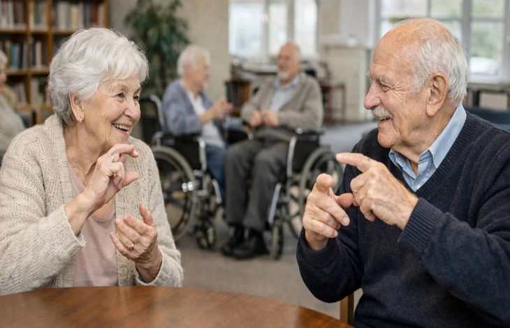 Bir huzurevinde, masada karşılıklı oturan iki yaşlı birey el hareketleriyle işaret diliyle sohbet ediyor; arka planda tekerlekli sandalyedeki diğer yaşlılar görülüyor.