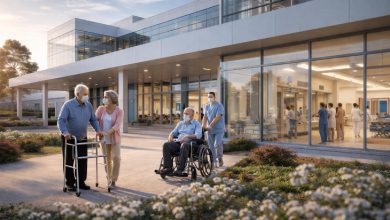 Fotoğrafta modern mimariye sahip büyük bir hastane binasının önü görülüyor. Cam cepheli yapının girişinde sağlık çalışanları ve yaşlı bireyler bulunuyor. Bir hemşire tekerlekli sandalyedeki yaşlı bir hastayı itiyor; yanında ise yürüyüş destek cihazı kullanan başka bir yaşlı kişi ve ona eşlik eden biri yürüyerek ilerliyor. Bahçe düzenlemesi, çiçekler ve geniş yürüyüş yolu hastanenin sakin ve düzenli bir ortam sunduğunu gösteriyor.