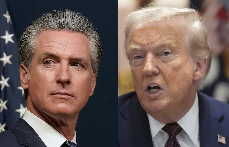 Başkan Donald Trump, sağda, 26 Ağustos 2025'te Washington'daki Beyaz Saray'da bir kabine toplantısında konuşurken; Kaliforniya Valisi Gavin Newsom ise 21 Ağustos 2025'te Sacramento, Kaliforniya'da bir basın toplantısında görülüyor.