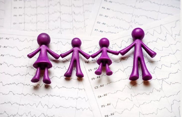 Görselde, mor renkli figürlerden oluşan bir aile sembolü (anne, baba ve iki çocuk) el ele tutuşmuş halde yer alıyor. Figürlerin altında ise beyin dalgalarını gösteren EEG çıktıları bulunuyor. Görsel, epilepsiyle yaşayan çocuklar ve ailelerinin dayanışmasını ve farkındalık mesajını simgeliyor.