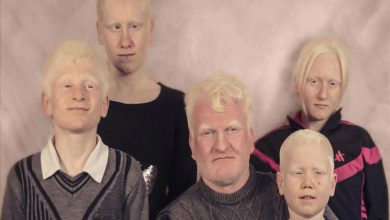 Görselde, beş kişiden oluşan bir grup birlikte poz veriyor. Hepsinin çok açık ten rengi, açık sarı–beyaza yakın saçları ve açık kaş–kirpikleri dikkat çekiyor. Arka plan sade bir stüdyo fonu gibi. Kişiler farklı yaşlarda; ortada yetişkin bir erkek, etrafında ise dört genç ve çocuk bulunuyor. Kamera karşısında sakin ve doğal bir şekilde poz veriyorlar.