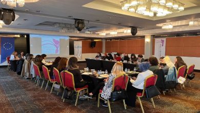 Bir otel toplantı salonunda düzenlenen atölye çalışması görülüyor. U düzeninde yerleştirilmiş masalar etrafında çoğunluğu kadınlardan oluşan katılımcılar oturuyor, not alıyor ve sunumu dinliyor. Ön tarafta projeksiyon ekranında “Engelli Kadın Derneği” sunumu yer alırken, yanında Avrupa Birliği bayrağı ve proje afişleri bulunuyor. Ortam resmi ama aynı zamanda etkileşimli; tartışma ve öğrenme havası hâkim.