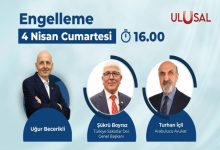 Görselde, Ulusal Kanal logosunun yer aldığı bir etkinlik afişinde, “Engelleme” başlığı altında 4 Nisan Cumartesi günü saat 16.00’da düzenlenecek programa konuşmacı olarak moderatör Uğur Becerikli, Şükrü Boyraz ve Turhan İçli’nin katılacağı duyurulmaktadır.