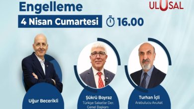 Görselde, Ulusal Kanal logosunun yer aldığı bir etkinlik afişinde, “Engelleme” başlığı altında 4 Nisan Cumartesi günü saat 16.00’da düzenlenecek programa konuşmacı olarak moderatör Uğur Becerikli, Şükrü Boyraz ve Turhan İçli’nin katılacağı duyurulmaktadır.