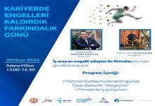“Kariyerde Engelleri Kaldırdık Farkındalık Günü” için hazırlanmış bir etkinlik afişi. Sol tarafta tarih (20 Nisan 2026), yer (Adana Hilton) ve saat bilgisi yer alıyor. Sağda, koşan bir figür görseli ve iki konuşmacının fotoğrafları bulunuyor: Moderatör Mehmet Kızıltaş ve konuşmacı Prof. Dr. Ozan Bahar. Alt bölümde program içeriği ve kurum logoları yer alıyor.
