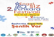 2. Engelsiz Ankara Festivali afişidir. 10-11-12 Mayıs tarihlerinde, 10.00 - 17.00 saatleri arasında Gençlik Parkı'nda düzenlenecek etkinliği duyurmaktadır. Ankara Büyükşehir Belediyesi ve Kent Konseyi dahil birçok yerel yönetimin logoları yer alır.
