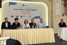 Bir konferans salonunda düzenlenen panelde konuşmacılar uzun bir masada yan yana oturuyor. Arka plandaki afişte “Kariyerimi Planlıyorum Ulusal Zirve” başlığı ve Erasmus+ logosu yer alırken, katılımcılar mikrofonlarla sunum yapıyor. Etkinlik resmi ve akademik bir atmosfer taşıyor.
