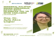 Yeşil ve beyaz tonlarının kullanıldığı afişte, SERÇEV tarafından düzenlenen “Serebral Palsi’de Erken Müdahale, Hayat Boyu İzlenecek Yol ve Spor Yaklaşımı” semineri duyuruluyor. Afişte Doç. Dr. Ayla Akca Çağlar’ın fotoğrafı yer alırken, etkinliğin 13 Mayıs 2026 tarihinde Ankara’daki The Green Park Hotel’de yapılacağı belirtiliyor. Seminerin konusu ise “Acil Durumların Erken Farkedilmesi ve Müdahalesi” olarak öne çıkıyor.