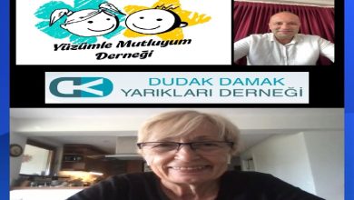 Mavi çerçeveli görselde, “Yüzümle Mutluyum Derneği” ve “Dudak Damak Yarıkları Derneği” logolarının yer aldığı bir çevrim içi görüşme ekranı görülüyor. Görselde biri erkek biri kadın olmak üzere iki kişi video bağlantısıyla konuşurken yer alıyor. Kadın katılımcı ev ortamında gülümserken, erkek katılımcı üst köşedeki küçük pencerede görünüyor.