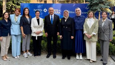 Taş döşeli açık alanda, NATO ve SETA logolarının yer aldığı büyük mavi bir afişin önünde dokuz kişilik bir grup fotoğrafı çekilmiş. Grubun ortasında, koyu renk takım elbisesiyle eski Dışişleri Bakanı Mevlüt Çavuşoğlu yer alıyor. Sağdan ikinci sırada açık renk kıyafetiyle SERÇEV Genel Sekreteri Edibe Sinem Ersoy bulunuyor. Her iki isim de kameraya dönük, resmi bir etkinlik atmosferi içinde poz veriyor. Arka planda yeşillikler ve ağaçlar görülüyor.
