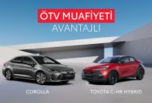 Geniş, modern bir mimari yapının önünde iki Toyota modeli yan yana duruyor. Solda gri bir Toyota Corolla, sağda kırmızı bir Toyota C‑HR Hybrid bulunuyor. Gökyüzü açık mavi, ortam ferah ve temiz. Üst tarafta büyük puntolarla “ÖTV Muafiyeti Avantajlı” yazısı yer alıyor. Görsel genel olarak kampanya duyurusu havasında, sade ve kurumsal bir reklam estetiğine sahip.