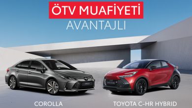 Geniş, modern bir mimari yapının önünde iki Toyota modeli yan yana duruyor. Solda gri bir Toyota Corolla, sağda kırmızı bir Toyota C‑HR Hybrid bulunuyor. Gökyüzü açık mavi, ortam ferah ve temiz. Üst tarafta büyük puntolarla “ÖTV Muafiyeti Avantajlı” yazısı yer alıyor. Görsel genel olarak kampanya duyurusu havasında, sade ve kurumsal bir reklam estetiğine sahip.
