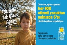 Görselde parkta duran bir erkek çocuk yer alırken, yanında “Otizmin Tek Çaresi Eğitim” ifadesi bulunuyor. Görselin sağ tarafı mesaj veriliyor: “Her 100 otizmli çocuktan yalnızca 6’sı nitelikli eğitime erişebiliyor.” yazıyor. Bunun altında, Tohum Otizm Vakfı logosu bulunuyor. Logoda sarı renkli bir güneş/çiçek figürü ve vakfın adı yer alıyor.