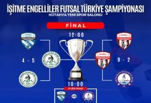 Görsel, **İşitme Engelliler Futsal Türkiye Şampiyonası** final programını gösteriyor. Kütahya Yeni Spor Salonu’nda oynanacak finalin saat **12.00**, üçüncülük maçının ise **10.00** olduğu belirtiliyor. Görselde takımların yarı final sonuçları ve turnuva kupası da yer alıyor.