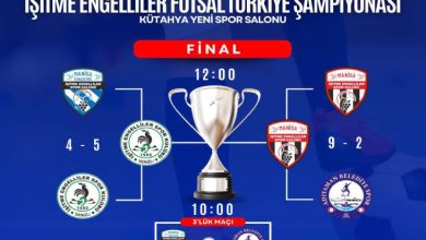 Görsel, **İşitme Engelliler Futsal Türkiye Şampiyonası** final programını gösteriyor. Kütahya Yeni Spor Salonu’nda oynanacak finalin saat **12.00**, üçüncülük maçının ise **10.00** olduğu belirtiliyor. Görselde takımların yarı final sonuçları ve turnuva kupası da yer alıyor.