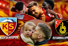 Görsel, Kayserispor–İstanbulspor maçına ait coşkulu bir kutlama tasarımıdır. Arka planda Kayserisporlu futbolcular kırmızı–sarı formalarıyla sevinç içinde görülür. Sol tarafta Kayserispor’un, sağ tarafta İstanbulspor’un logosu yer alır. Merkezdeki yuvarlak fotoğrafta Kayserispor futbolcusu Semih Güler, down sendromlu kızı Defne Güler’i yanağından sevgiyle öperek sıcak ve duygusal bir an yaratır. Tasarım, maç heyecanını ve baba–kız arasındaki güçlü bağı birlikte yansıtır.